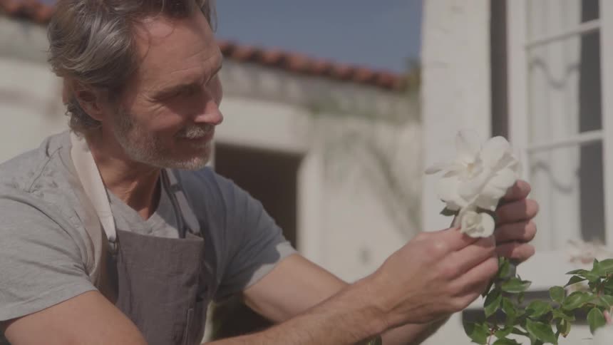 A man gently examines a white flower in a sunlit garden