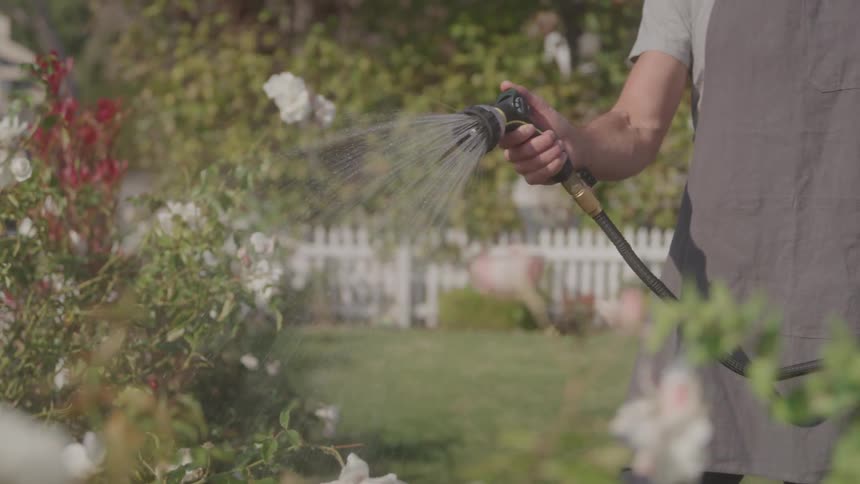 A person waters garden plants with a hose in a backyard
