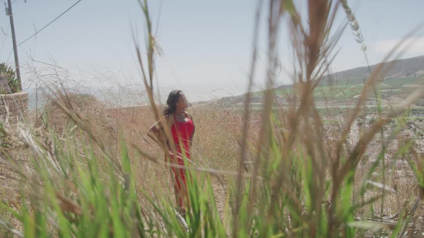 A woman in a sleeveless red dress stands with her hands on her hips in a field of tall dry grass with a mountain range and blue sky behind her