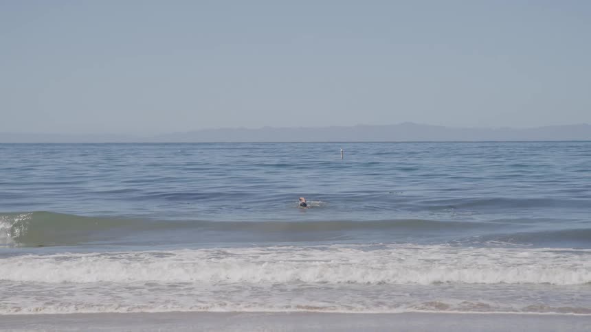 A person swims in the calm ocean near the shore
