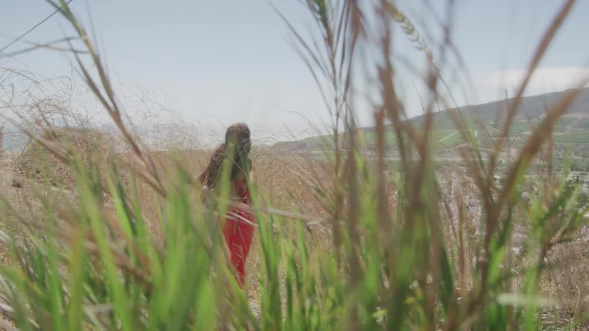 A woman in a sleeveless red dress stands with her back to the camera in a field of tall dry grass with a mountain range in the distance
