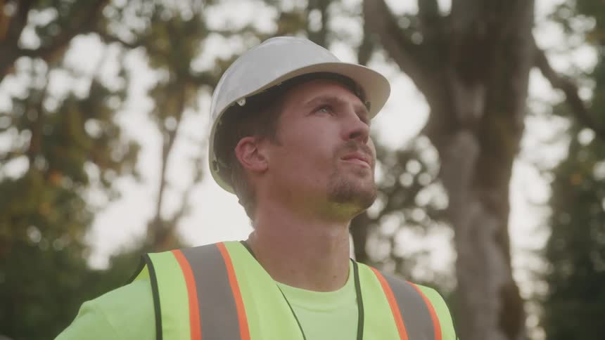 Profile of construction worker in hard hat and safety vest in wooded area