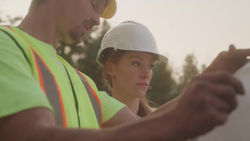 The video shows two construction workers a man and a woman standing outside in hard hats they are looking at a document or blueprint together appearing to be in a discussion about their work