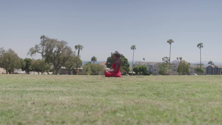 A woman wearing a bright red sleeveless dress sits cross legged in a grassy park surrounded by trees and palm trees
