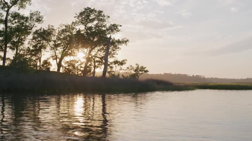 The golden sun sets behind a line of silhouetted trees reflecting over calm river water
