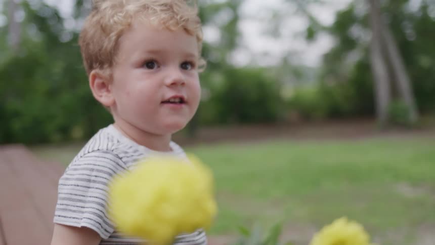 A small boy with blond curly hair reaches out to touch a large yellow flower while a persons hand enters the frame to guide him