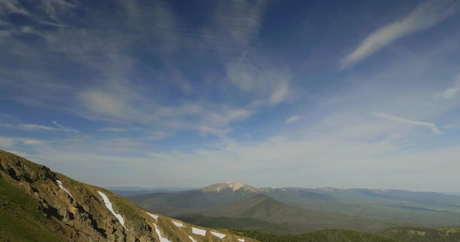 Clouds float over mountains on a sunny day
