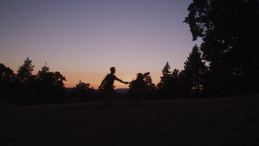 Silhouettes of two people running hand in hand across an open field at sunset