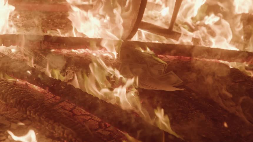 Several dollar bills rest on a burning log engulfed in a large fire surrounded by other logs
