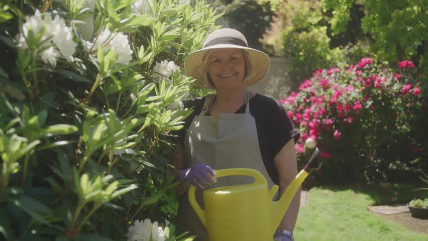 A woman wearing a tan sun hat a grey apron and purple gardening gloves smiles at the camera as she holds a large yellow watering can in a garden filled with green and pink flowering bushes