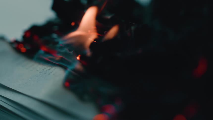 Pages of a book burn with intense flames and glowing edges