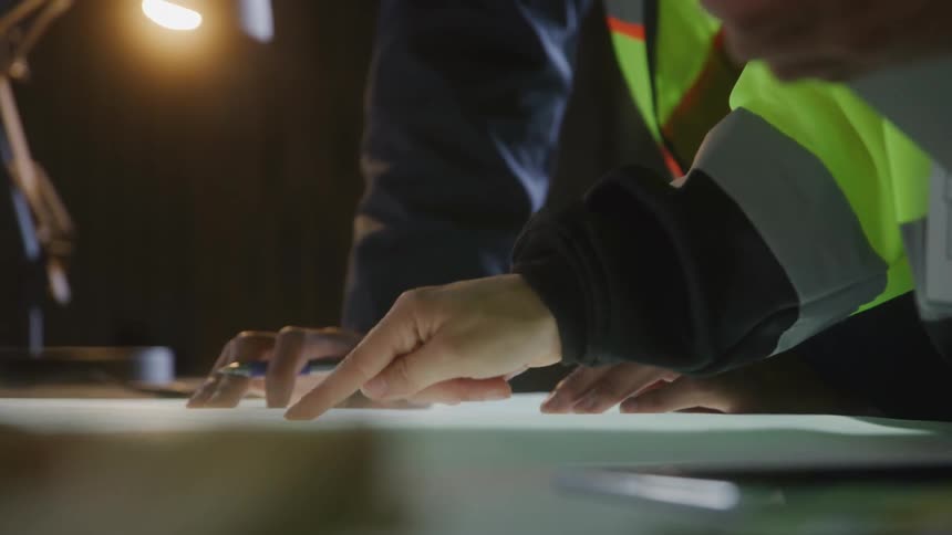 Hands point to and analyze a blueprint on a lit table