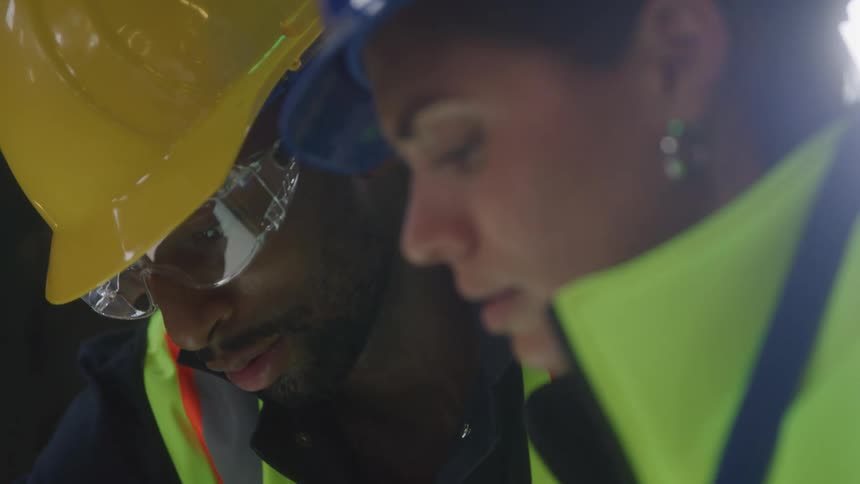 The video shows a closeup of two construction workers a man and a woman wearing hard hats and safety glasses they are looking down at something out of frame appearing to be focused on a task and discussing it the man wears a yellow hard hat and the