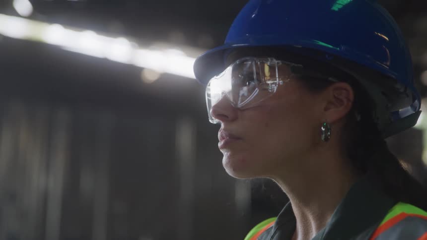 The construction worker is looking around the room