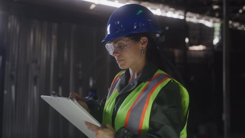 A female construction worker in safety gear inspects in a dimly lit industrial facility