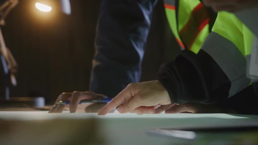 A closeup shot of two peoples hands pointing at a document or blueprint on a litup table one person is wearing a reflective vest suggesting they are a worker or engineer