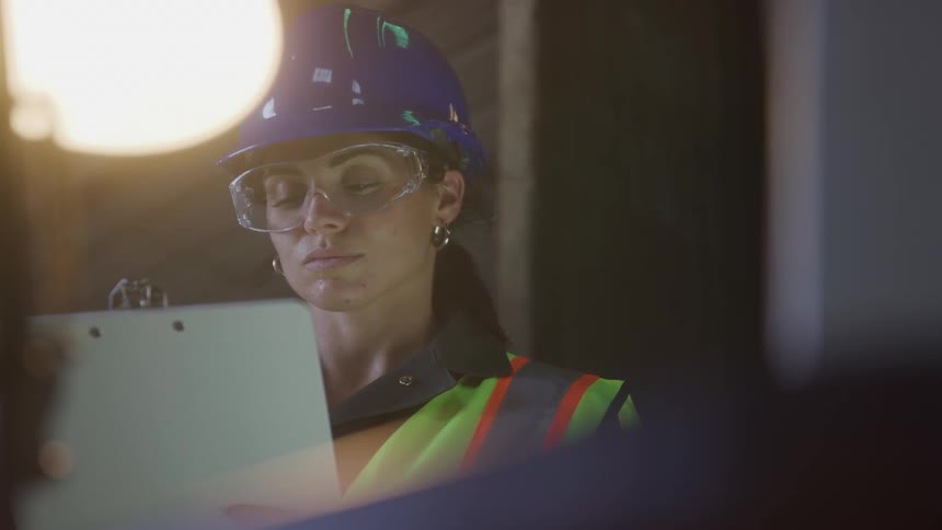 Woman wearing a hard hat safety glasses and reflective vest examines a clipboard in an industrial setting