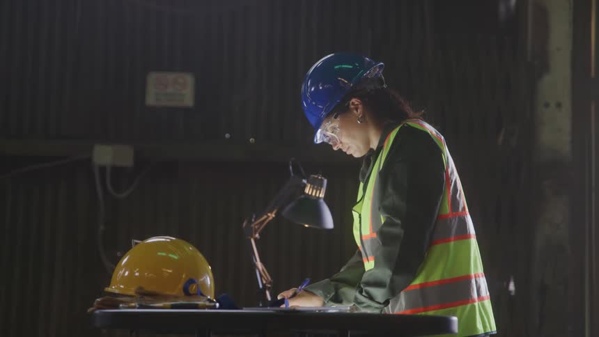 A young female construction worker stands indoors wearing a green vest and a hard hat drawing a building plan on a workbench with a lamp on the table