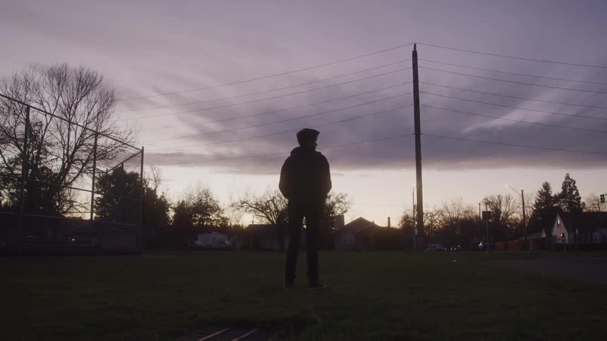 Person stands alone in open field at dusk