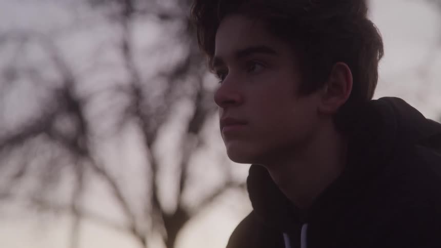 The video shows a young man with dark hair wearing a black hoodie looking down with a contemplative expression he is outdoors with a blurred sunsetlit sky and the silhouette of a tree in the background