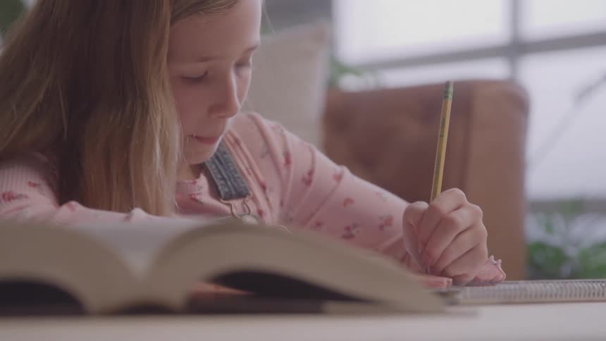 A young girl concentrates while writing in a notebook at home