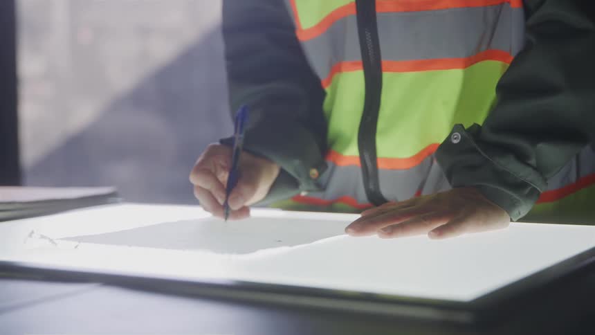 Person wearing a reflective vest writes on a light table in a technical work environment