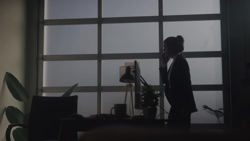 A businesswoman is silhouetted against a large gridded window talking on a smartphone while standing behind a desk with a plant and a lamp on it