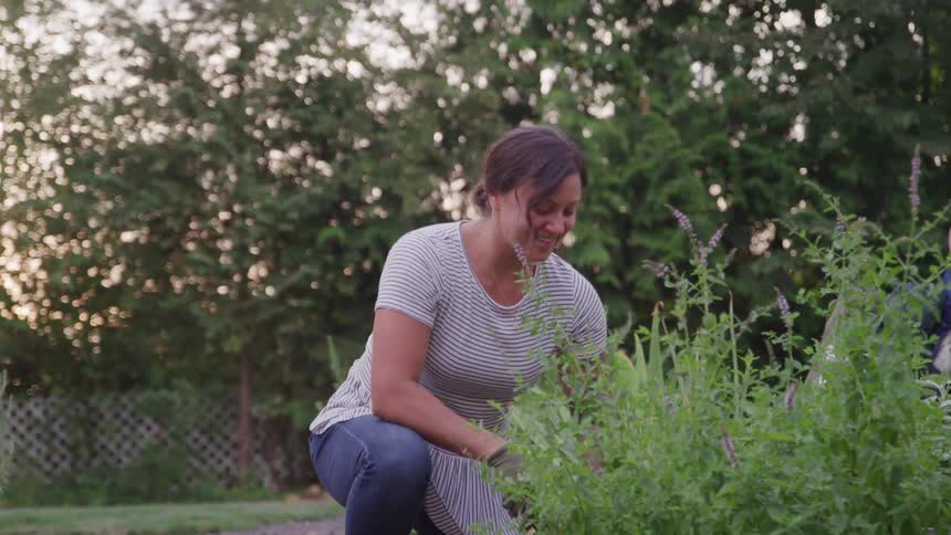 A young woman squats in her yard tending to a garden plant with a smile on her face at midday