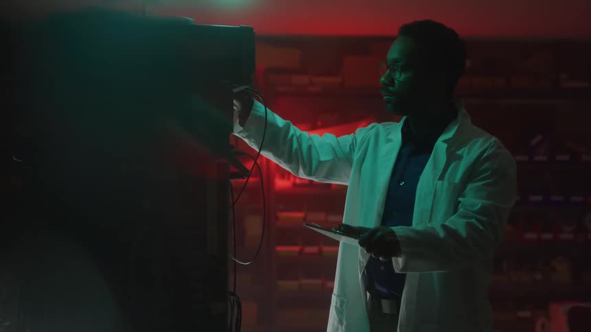 Scientist takes notes beside equipment in a lab with red lighting