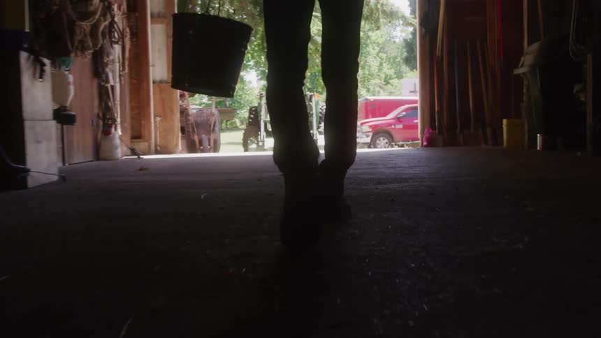 A silhouette of a farmer carrying a bucket and a shovel stands in the doorway of a barn or garage with a green tractor and a red truck visible outside on a sunny day