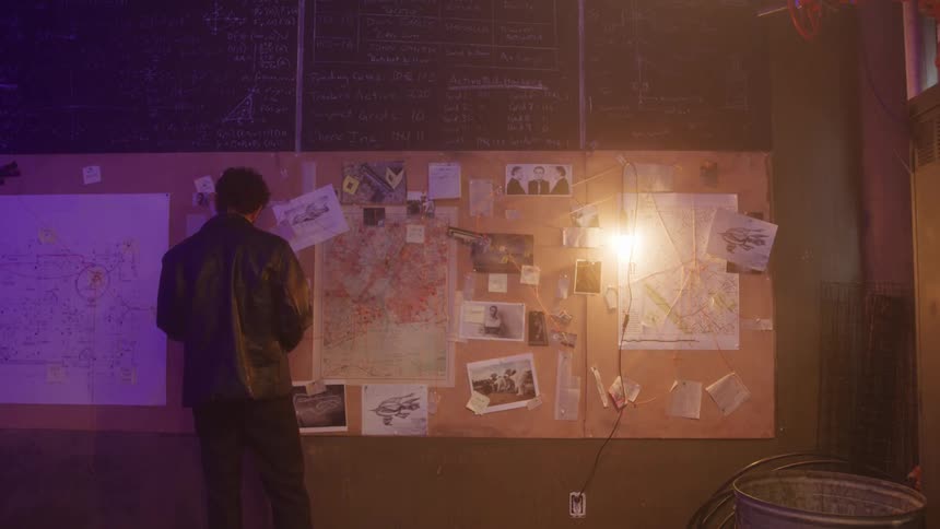 Man studies bulletin board with maps and photos