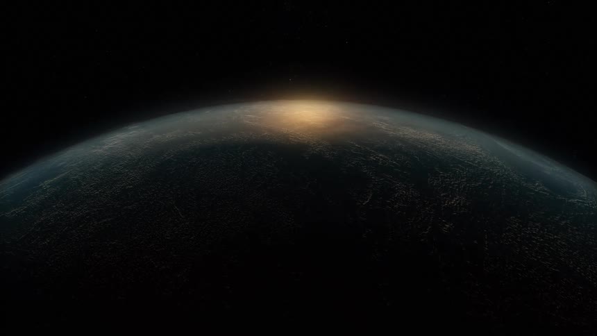 The video shows an artistic rendering of a planet from outer space with a bright sun rising just over the horizon the surface of the planet is visible in detail as it is slowly illuminated by the light