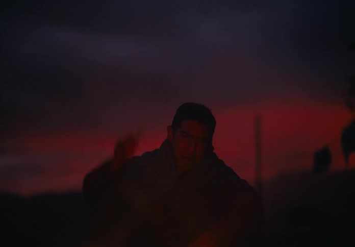 A young man wearing a jacket sits beside a campfire at night in an open field
