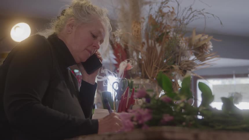 The florist is talking on the phone and writing something down