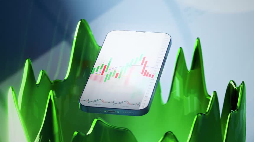 The animation is of a floating cell phone with a bar graph on it