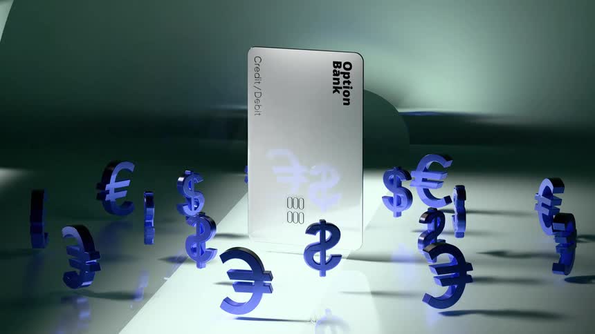 Floating currency symbols including euro and dollar signs surround a sleek vertical mirror in a futuristic dimly lit setting
