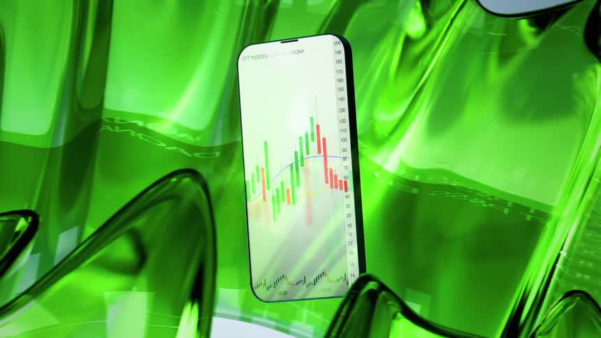 A smartphone displaying a candlestick chart floats amid abstract green and amber shapes
