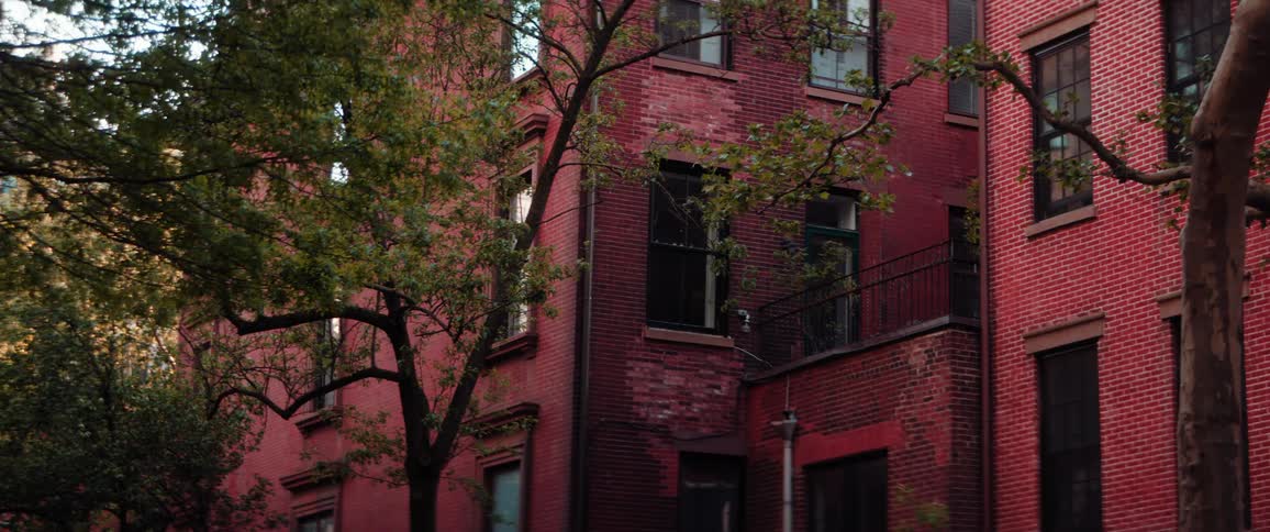 Trees sway in the breeze in front of red brick buildings