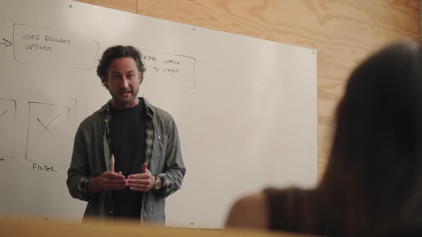 A man in a black shirt and gray jacket is smiling while giving a presentation standing in front of a white board with diagrams on it while a womans shoulder is seen in the foreground