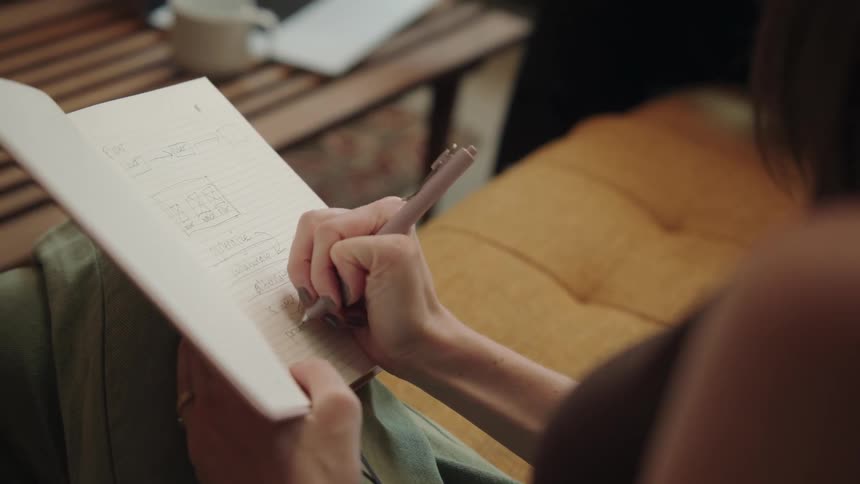 A woman is writing with a pen in an open notebook with a blurry laptop and a mug in the background on a wooden table