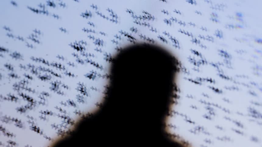 A silhouetted person is seen from behind standing in front of a blurry lightcolored background with hundreds of black birds flying across it