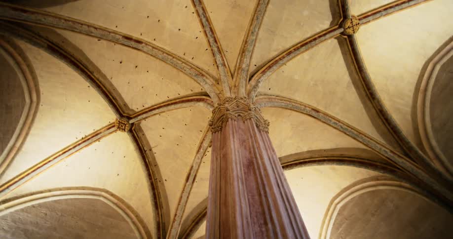 A camera pans across the ornate vaulted ceiling of an old stone church with the ceiling ribs leading to a central fluted column