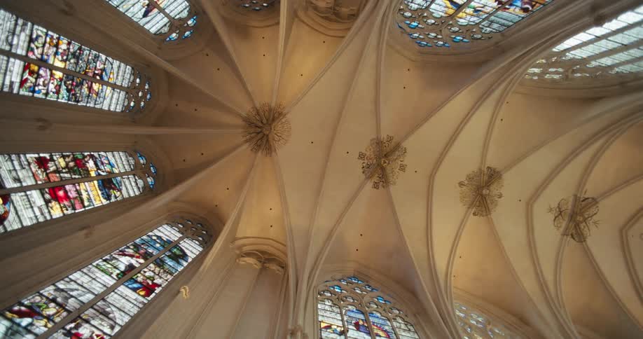 Upward view of the interior of a classical cathedral