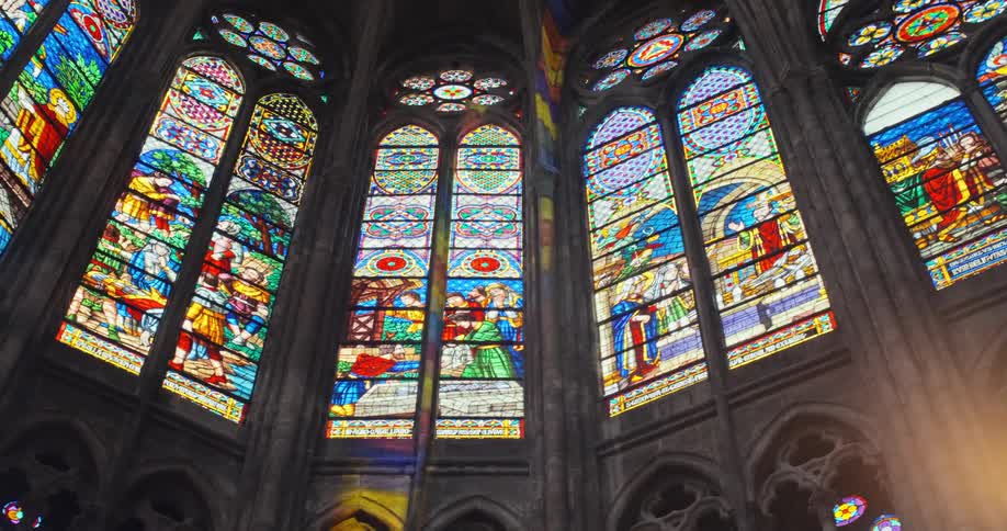 Interior of a church with decorated windows