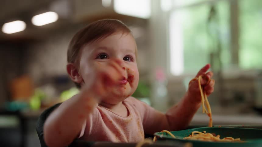 The child is eating spaghetti
