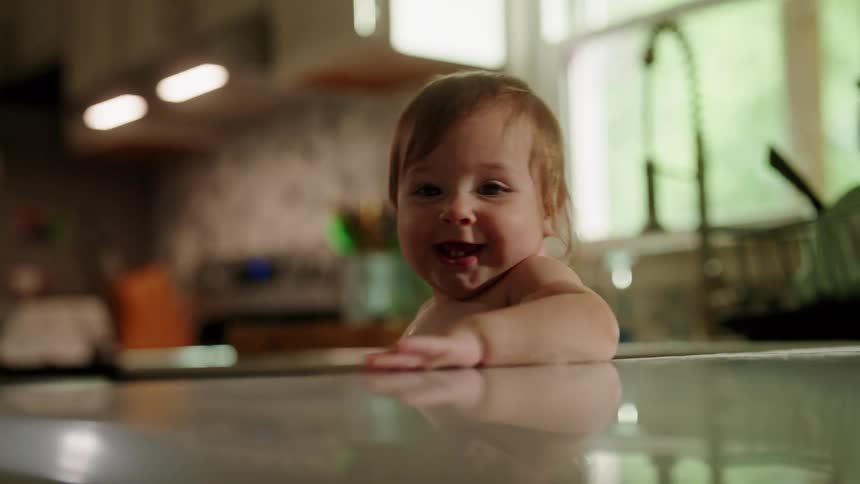 A baby sits in a kitchen sink reaching forward with a curious expression