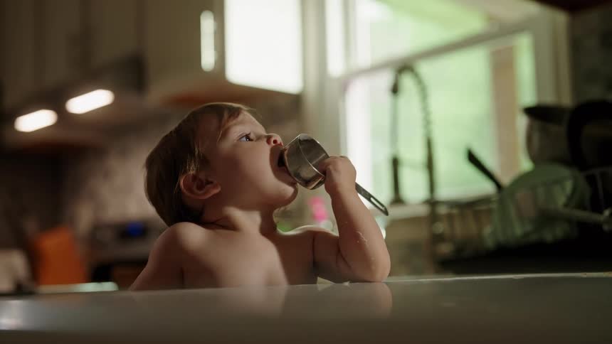 Baby at a table putting a kitchen utensil in his mouth