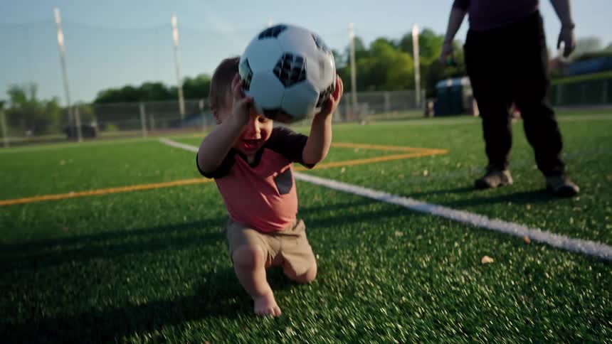 Little boy playing with a soccer ball on a synthetic grass field accompanied by his mother