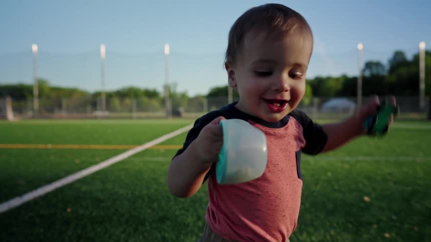 Smiling child running on a grassy field with toys in hand
