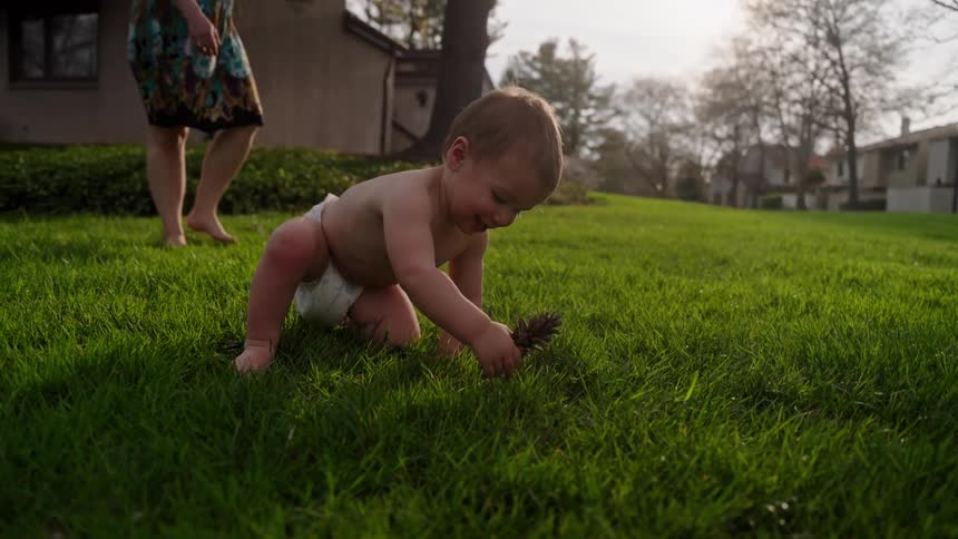 A small child wearing only a diaper crawls across a grassy lawn during the day the child pauses to pick up a pine cone looking up at the camera with a joyful expression